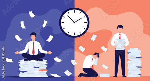 Visual comparison between a stressed office worker overwhelmed by paperwork and a calm employee meditating on a large task stack.