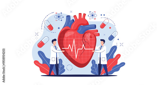 Team of medical professionals examining a giant human heart model to represent advanced cardiology healthcare and cardiac research.