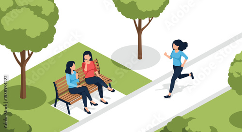 Peaceful city park scene with women talking on a wooden bench and a young girl jogging along the paved footpath during the day.