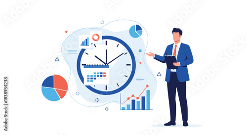 Professional male manager presenting business performance reports with data charts and a large clock to track project progress.