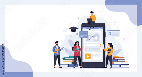 Group of students engaging with digital learning tools and books around a large smartphone for online educational study courses.