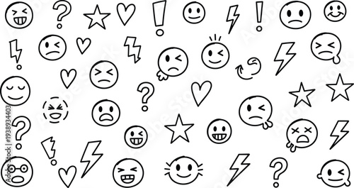 A collection of various emoticon faces and punctuation symbols in a simple line drawing style on a white background