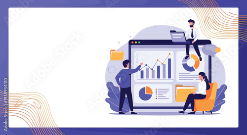 Dedicated team of business analysts working together on a large digital screen to review company performance reports and statistics.