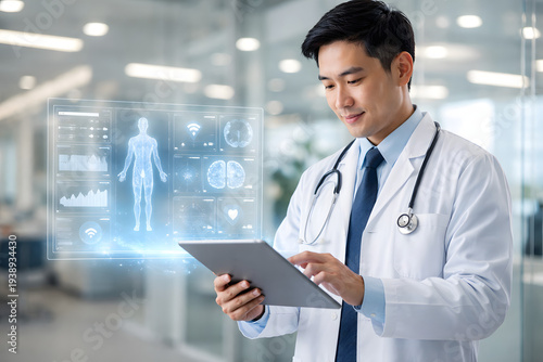 Medical professional reviewing patient data on tablet with futuristic digital health interface showing body scan analytics and modern healthcare technology.