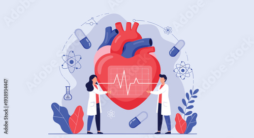 Dedicated medical team working together to diagnose heart conditions using a giant anatomical heart model and clinical research.