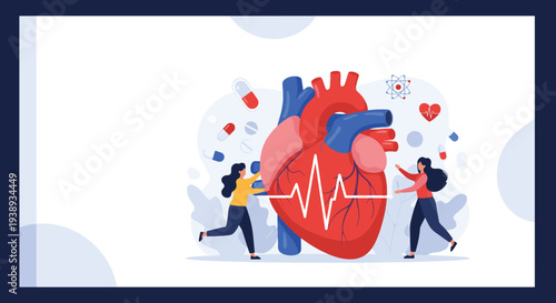 Group of healthcare workers performing a medical examination on a large human heart model for advanced cardiovascular research.
