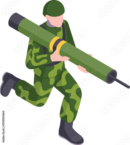 Soldier in camouflage uniform running with a rocket launcher, isometric style, white background military