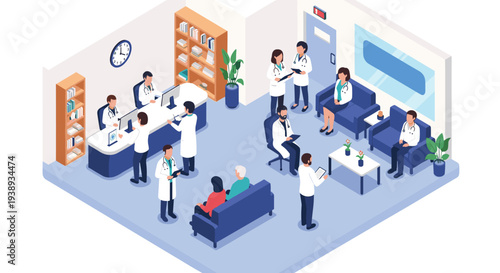 Busy isometric hospital lobby with medical staff attending to diverse patients in reception and comfortable waiting areas.