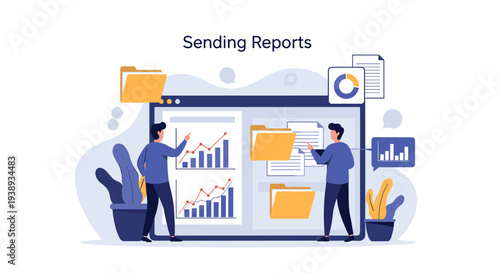 Collaborative team of business professionals analyzing financial data reports and growth trends displayed on a large digital screen.