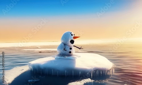 A snowman floats on an ice floe in the sea, under a sky bathed in the scorching sun.
