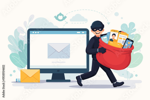 Cyber Thief Stealing Personal Data and Private Emails from Computer Monitor, Hacker Carrying a Bag of Stolen Information, Identity Theft and Online Privacy Breach Concept Vector Illustration.
