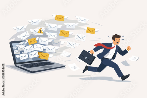Stressed Businessman Running Away from a Swarm of Flying Emails and Junk Mail Coming Out of a Laptop Computer, Concept of Email Overload, Work Stress, Productivity Loss, and Time Management.