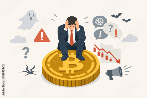 Stressed Businessman Sitting on Large Bitcoin Coin Surrounded by FUD Symbols Like Market Crash Chart, Ghost, Bats, and Question Marks Representing Fear Uncertainty and Doubt in Crypto Trading