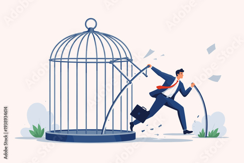 Businessman Breaking Free from a Large Birdcage to Escape Routine and Comfort Zone, Concept of Career Change, Professional Growth, Ambition, and Seeking New Challenges, Vector Illustration Design.
