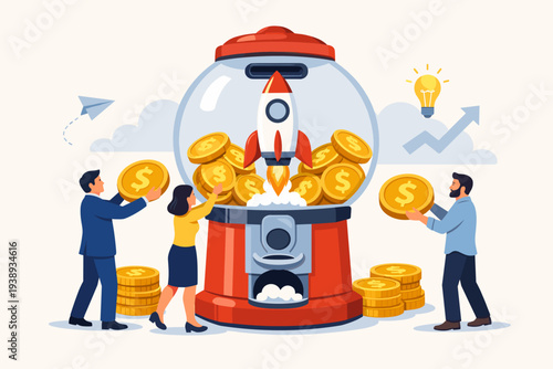 People putting gold coins into a gumball machine to launch a rocket ship, representing a startup project. Concept of crowdfunding, fundraising, financial investment, and venture capital support.