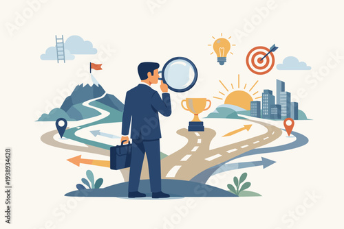 Businessman at a crossroads with a magnifying glass analyzing career paths toward success, mountain, trophy, and city. Concept of strategic decision making, vision, and discovering opportunities.