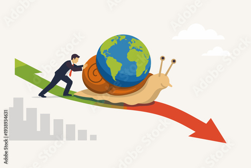 Businessman Pushing a Snail with a Globe on its Shell Down a Declining Red Arrow, Representing Global Economic Slowdown, Recession, Sluggish GDP Growth, and Financial Crisis in the World Market.