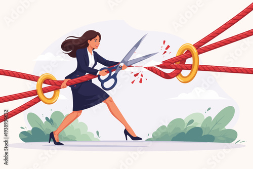 Empowered businesswoman cutting thick red ropes with giant scissors to overcome obstacles and achieve success. Concept of gender equality, breaking barriers, and unlocking full potential.