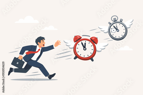 Businessman Chasing Flying Clocks Representing Deadline Pressure, Time Management Concept, Urgency for Work Project, Running Out of Time, Stressful Professional Life Flat Vector Illustration