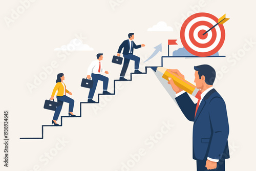 Business leader drawing a staircase for his team to climb towards a target, concept of career development, mentorship, guidance, professional growth, and achieving corporate goals together.