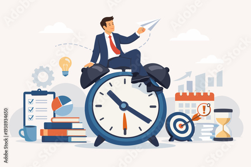 Businessman sitting on a giant alarm clock throwing a paper airplane, surrounded by productivity icons like a checklist, target, calendar, and hourglass. Concept of time management and efficiency.