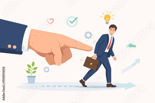 Nudge theory concept with a giant hand pushing a businessman forward to encourage positive behavior, decision making, and professional growth. Leadership guidance and motivation for success.