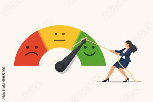 Businesswoman pulling rope to move gauge needle to green happy face zone. Concept of improving customer satisfaction, credit score, performance rating, quality control, and business success.