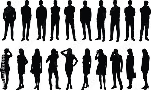 Business men and women silhouettes collection, professional people standing corporate characters isolated for office team staff concept illustration