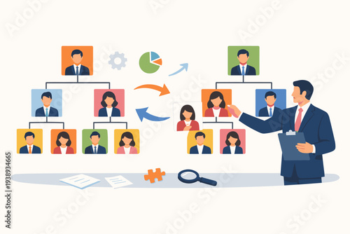 Business reorganization and corporate restructuring concept with a manager adjusting team structure on an organizational chart for efficiency, resource allocation, and workflow optimization.