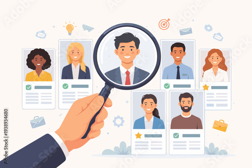 Human resources recruitment concept with hand holding magnifying glass searching for the best candidate among diverse job applicants. Headhunting, talent acquisition, and hiring process illustration.