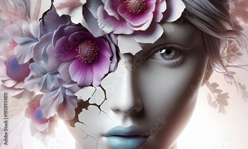 A face with a pristine white complexion, delicate blue lips, and cracked skin. Above the forehead, a floral bouquet of purple and pink flowers blooms, 