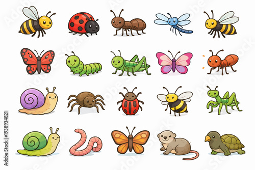 A collection of colorful insects and small animals in a flat illustration style from a direct viewpoint