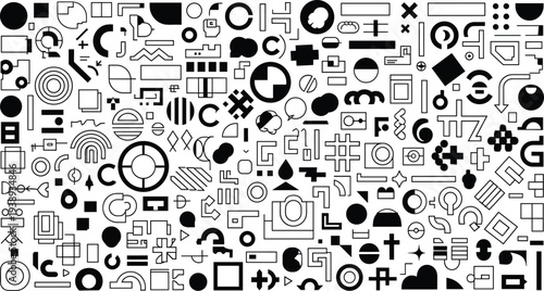 A collection of various black and white symbols icons and graphics on a white background