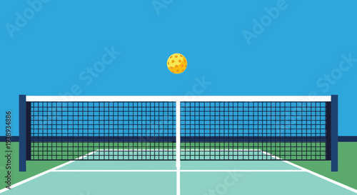 Pickleball court with net and ball on blue background