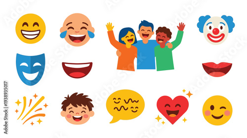 A vibrant collection of emojis and illustrations depicting joy, laughter, friendship, and celebration, including faces, a clown, a mask, and a heart.