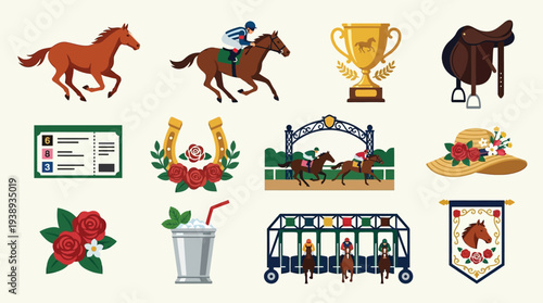 A collection of horse racing icons including horses, jockeys, a trophy, a saddle, a ticket, a horseshoe, roses, a mint julep, a starting gate, and a banner.
