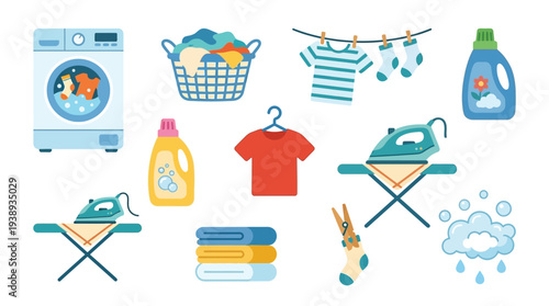A collection of laundry-related items including a washing machine, clothes basket, iron, ironing board, detergent, and clothes hanging on a line.