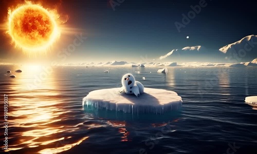 A snowman floats on an ice floe in the sea, under a sky bathed in the scorching sun.