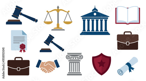 A collection of legal and justice-related icons, including gavels, scales of justice, court buildings, documents, briefcases, and a handshake.