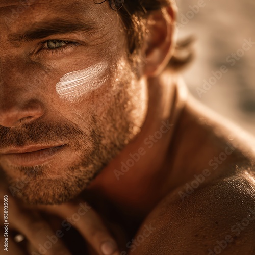 A close-up of a man with a thoughtful expression and sun protection on his face.