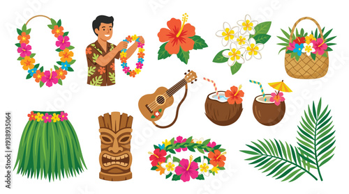 A vibrant collection of Hawaiian-themed elements, including leis, a man, flowers, a ukulele, coconuts, a hula skirt, and a tiki mask, perfect for tropical celebrations.