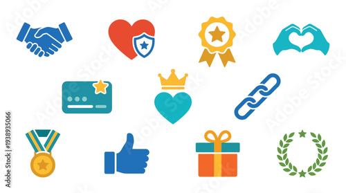 Collection of flat design icons representing concepts like partnership, loyalty, achievement, care, and success.