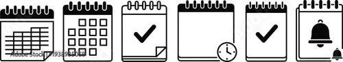 Calendar planner outline icon set with schedule grid, check mark task, reminder bell and clock for productivity planning apps