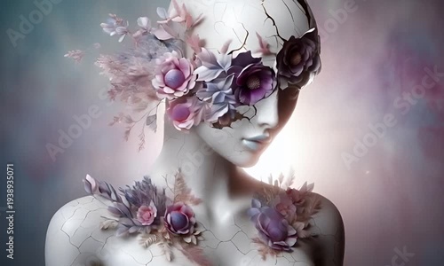 A face with a pristine white complexion, delicate blue lips, and cracked skin. Above the forehead, a floral bouquet of purple and pink flowers blooms, 