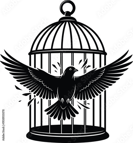 Black bird breaking free from cage silhouette, freedom concept illustration, symbolic escape, captivity liberation, minimalist vector design, rebellion, hope, wildlife metaphor artwork