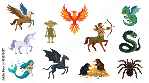 A vibrant collection of mythical creatures and magical beings, including a griffin, phoenix, unicorn, mermaid, centaur, and dragon.