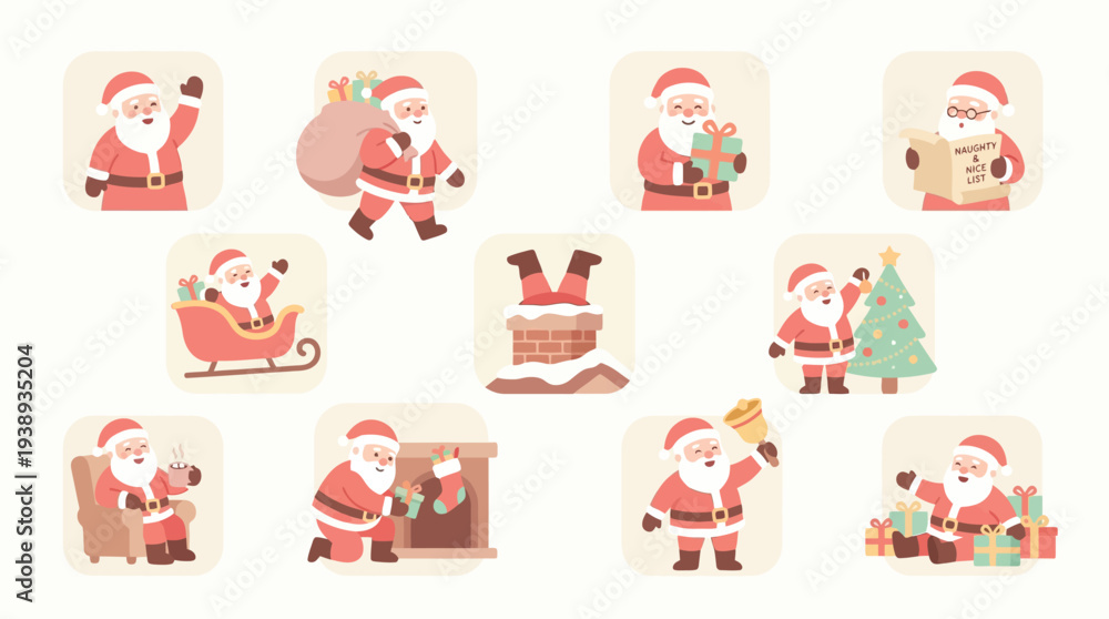 Fototapeta premium A charming collection of ten festive illustrations depicting Santa Claus engaged in various Christmas activities, perfect for holiday-themed designs.