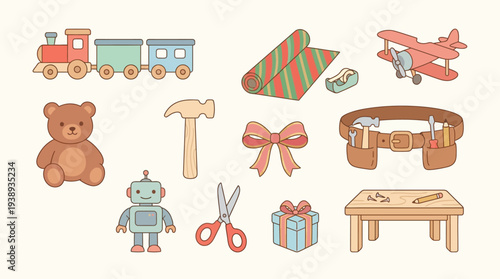 A charming collection of children's toys and craft supplies arranged on a light-colored background, featuring a train, teddy bear, robot, hammer, scissors, gift, and workbench.