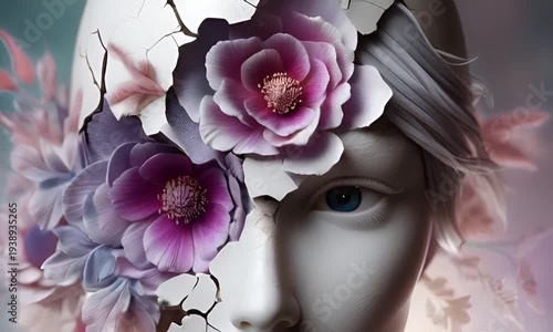A face with a pristine white complexion, delicate blue lips, and cracked skin. Above the forehead, a floral bouquet of purple and pink flowers blooms, 