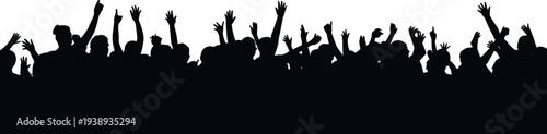 Cheering crowd silhouette banner with raised hands, excited audience celebrating together representing festival, concert and social event concept